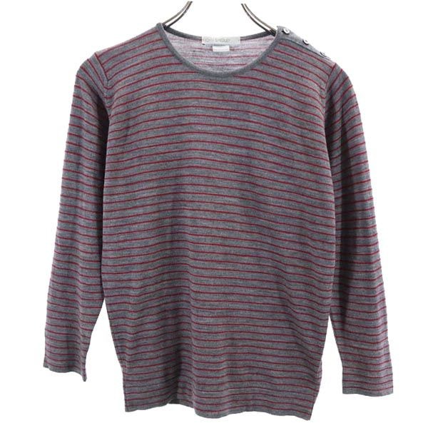JOHN SMEDLEY ジョンスメドレー 英国製 ボーダー柄 長袖 ニット グレー×レッド セーター