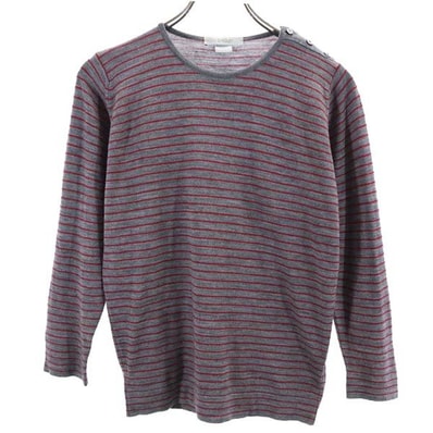 JOHN SMEDLEY ジョンスメドレー 英国製 ボーダー柄 長袖 ニット グレー×レッド セーター