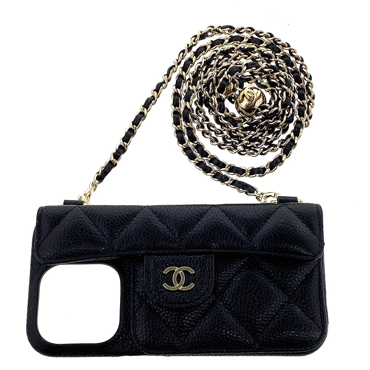CHANEL シャネル マトラッセ iPhone15Pro ケース 携帯・スマホアクセサリー キャビアスキン ブラック ゴールド金具 レディース【中古】