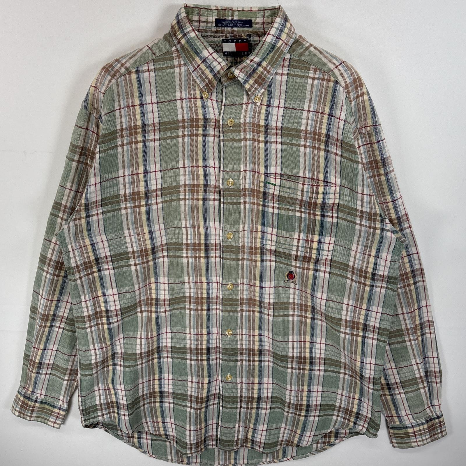 古着 90's/90年代 トミーヒルフィガー TOMMY HILFIGER 長袖シャツ ボタンダウンシャツ ストライプ ワンポイント 刺繍 ロゴ M ベージュ系 マルチカラー メンズ