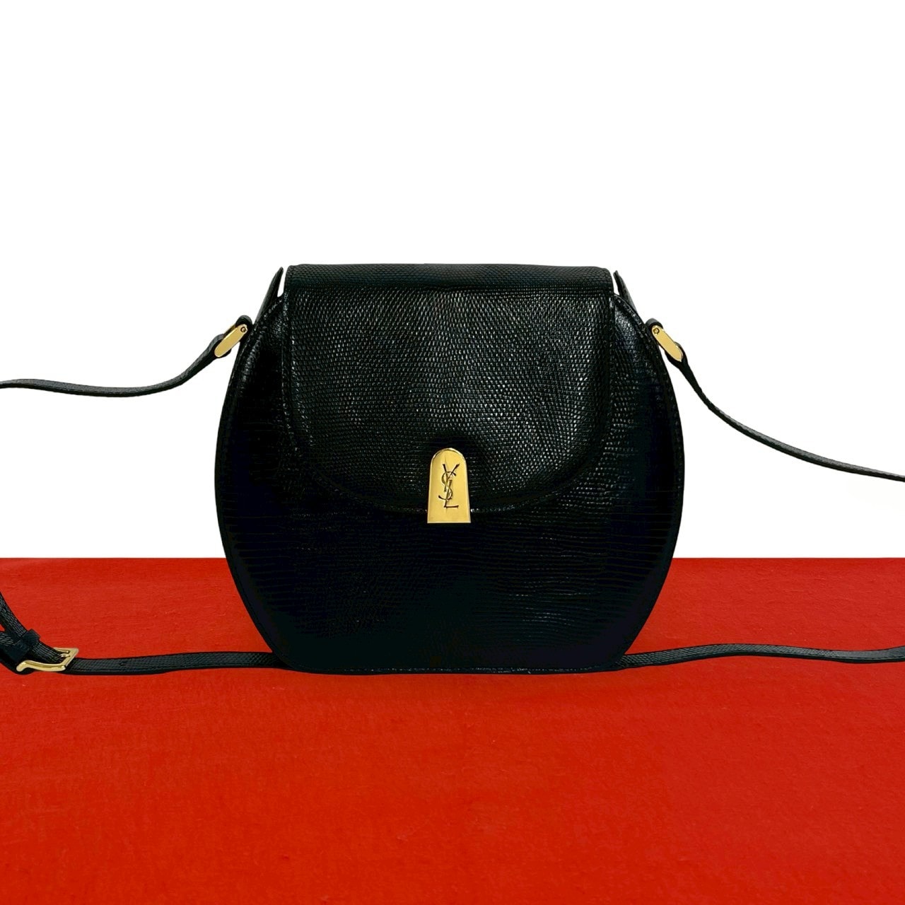 YVES SAINT LAURENT イヴ・サンローラン YSL ロゴ 金具 リザード ショルダーバッグ ブラック
 34293