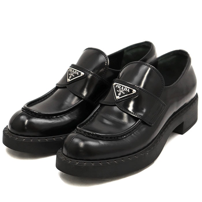 【美品】PRADA プラダ ローファー サイズ 38.5 レディース ロゴ トライアングルプレート モカシン レザー シューズ 靴 ブラック 黒 イタリア製