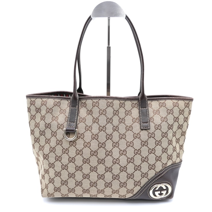 GUCCI(グッチ)GGキャンバス インターロッキングG ヴィンテージ トートバッグ ベージュ ブラウン レザー シルバー金具 169946 100926 レディース【中古】