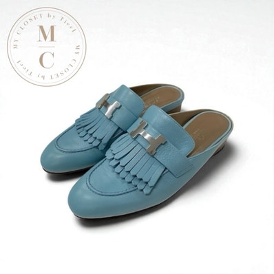 エルメス HERMES リヴォリ サンダル 靴 シューズ レザー ライトブルー シルバー H金具 コンスタンス フリンジ ミュール