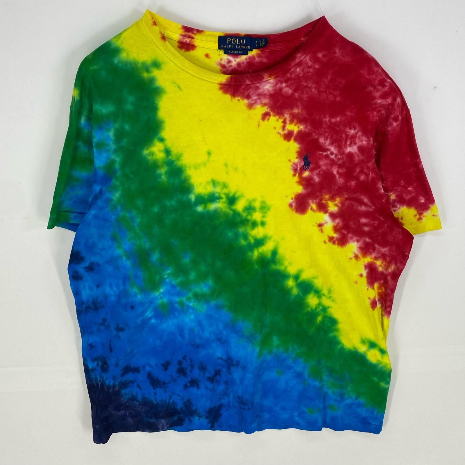 古着 ポロ・ラルフローレン POLO RALPH LAUREN 半袖Tシャツ ワンポイント クルーネック ロゴ刺繍 L  イエロー系 タイダイ メンズ
