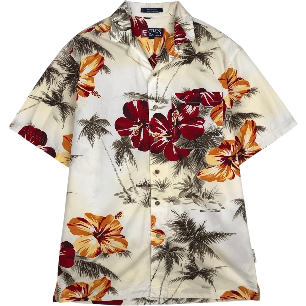 古着 ラルフローレン Ralph Lauren CHAPS チャップス 総柄 ハイビスカス柄 ヤシの木柄 オープンカラー ハワイアンアロハシャツ ボックスシャツ メンズM相当/eaa635940