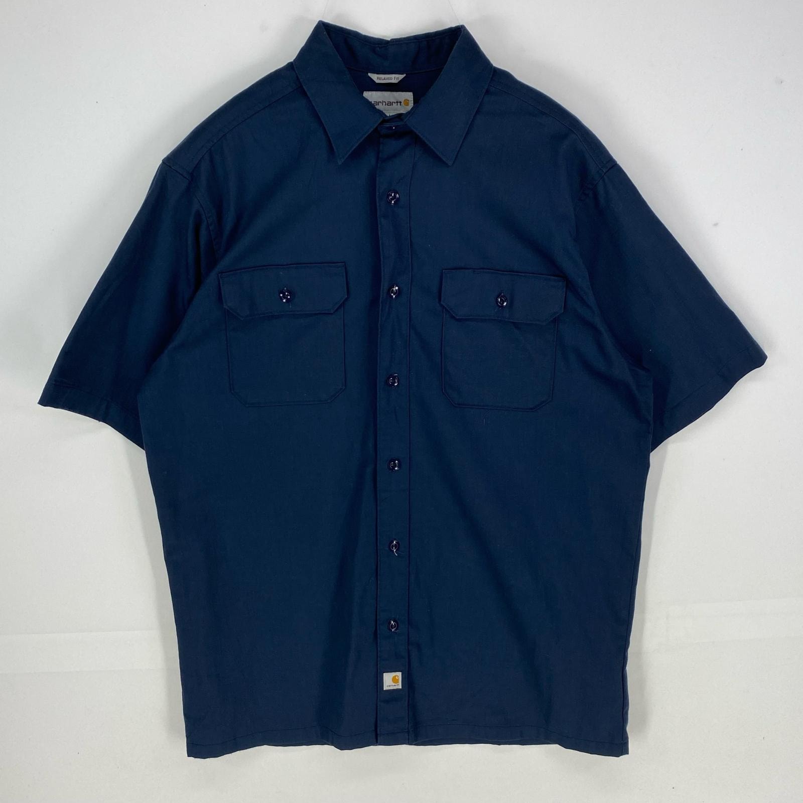 古着 カーハート Carhartt 半袖シャツ 胸ポケット ワンポイント ワーク ショートスリーブ L ネイビー系 無地 メンズ