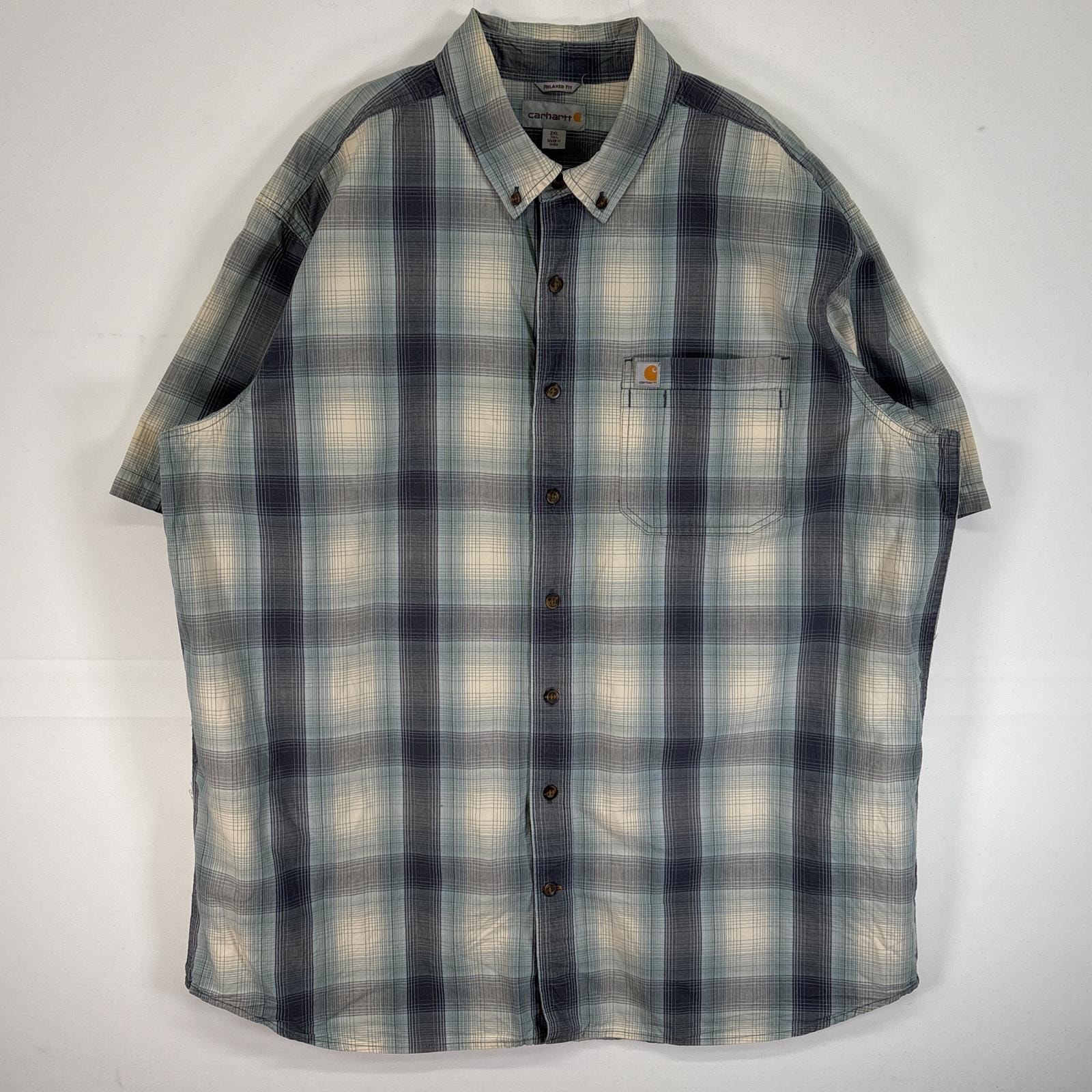 古着 カーハート Carhartt 半袖シャツ オンブレチェック 大きいサイズ ワンポイント ロゴ 2XL TALL  水色系 マルチカラー メンズ