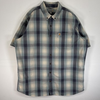 古着 カーハート Carhartt 半袖シャツ オンブレチェック 大きいサイズ ワンポイント ロゴ 2XL TALL 水色系 マルチカラー メンズ
