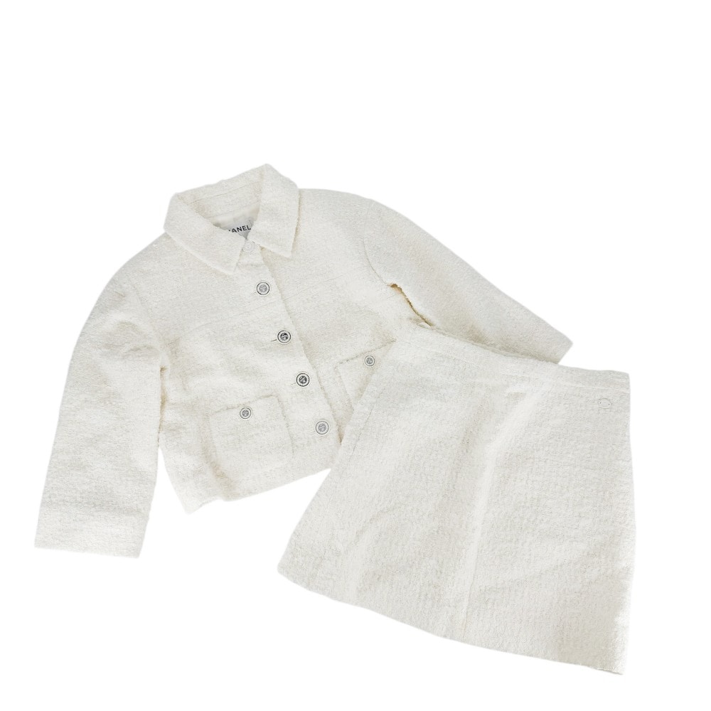 【在庫一掃】CHANEL シャネル セットアップ ツイード ジャケット スカート アパレル 服 40 ホワイト 白 シルバー金具 コットン  ポリアミド  ビスコース  ウール レディース 春 秋 美品【中古品】