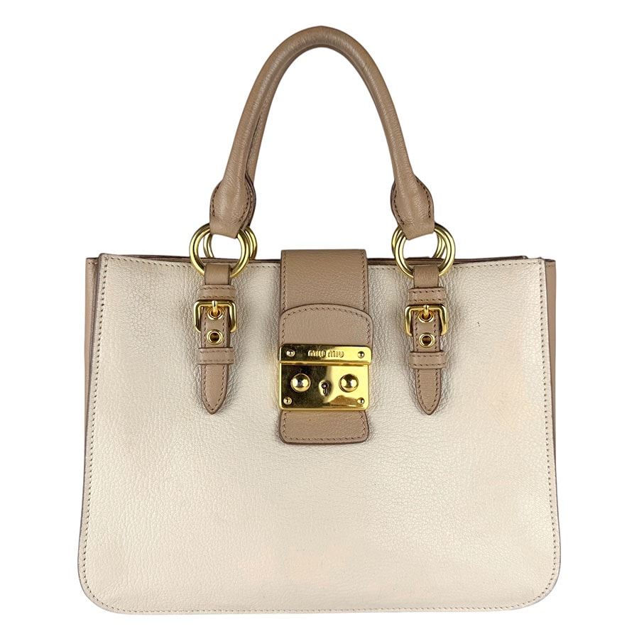ミュウミュウ MIUMIU ハンドバッグ ショルダーバッグ レザー アイボリー/グレージュ ゴールド レディース【中古】 z9182