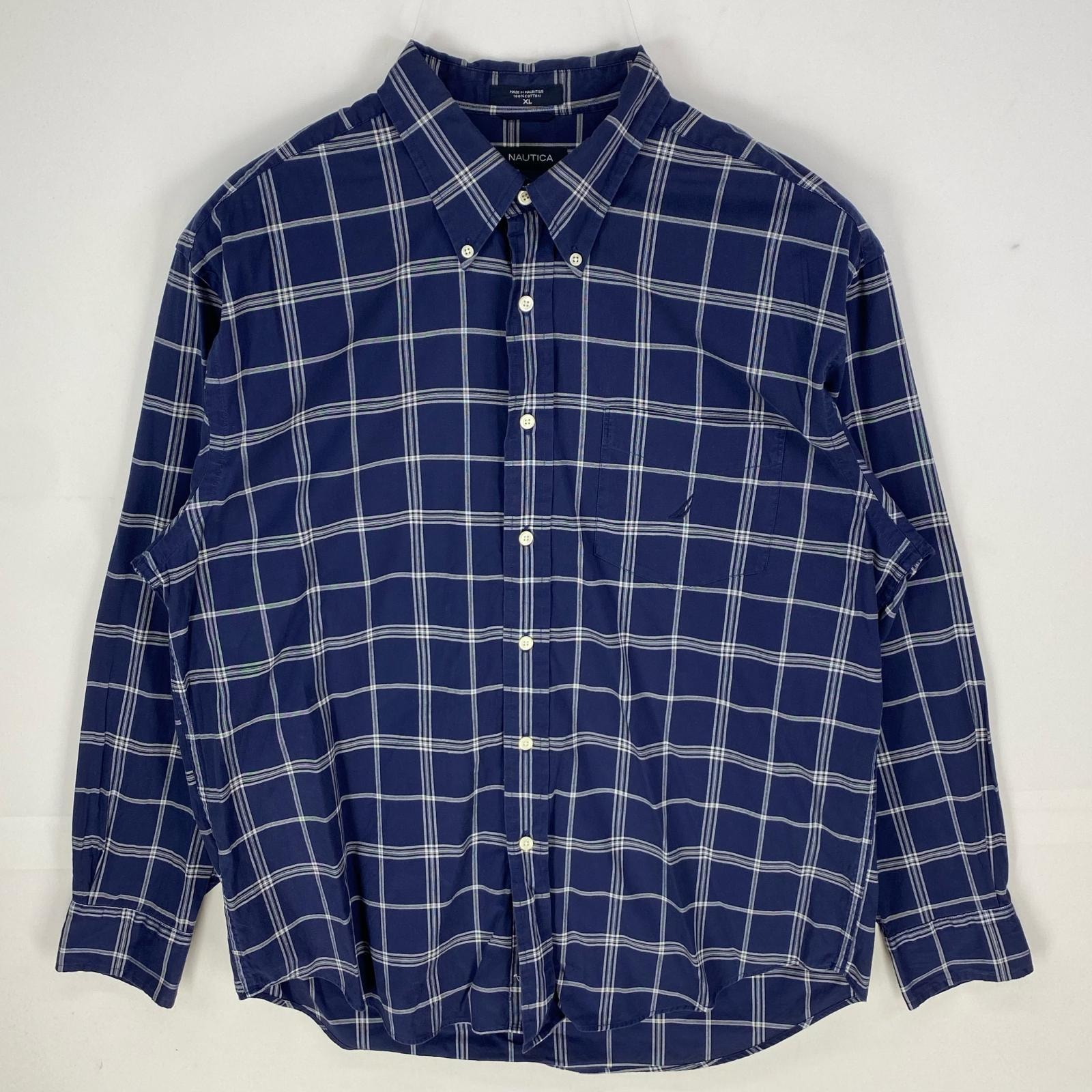 古着 ノーティカ NAUTICA 長袖シャツ ボタンダウン 胸ポケット 刺繍ロゴ 大きいサイズ XL ネイビー系 チェック メンズ