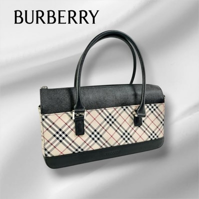 Burberry バーバリー ハンドバッグ バッグ 鞄 ノバチェック チェック柄 ブラックレザー レザー キャンバス ベージュ系 ブラック レディース ★中古品★