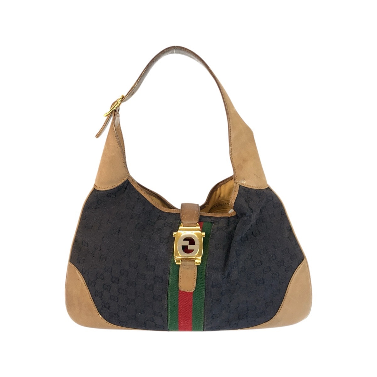 GUCCI グッチ ヴィンテージ オールドグッチ シェリーライン ブラック ブラウン ゴールド金具 GGキャンバス レザー/ ショルダーバッグ ホーボー 601554 【中古】