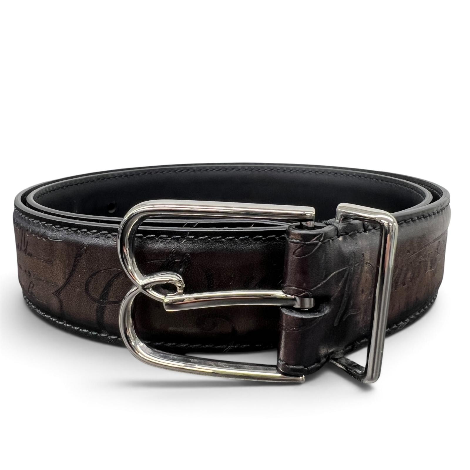 Berluti 美品 ベルルッティ Bボリュート カリグラフィ スクリットレザー リバーシブルベルト #85/34 ベネチアン レザー ブラウン シルバー金具 ABランク 中古 鑑定済 ベルルッティベルト