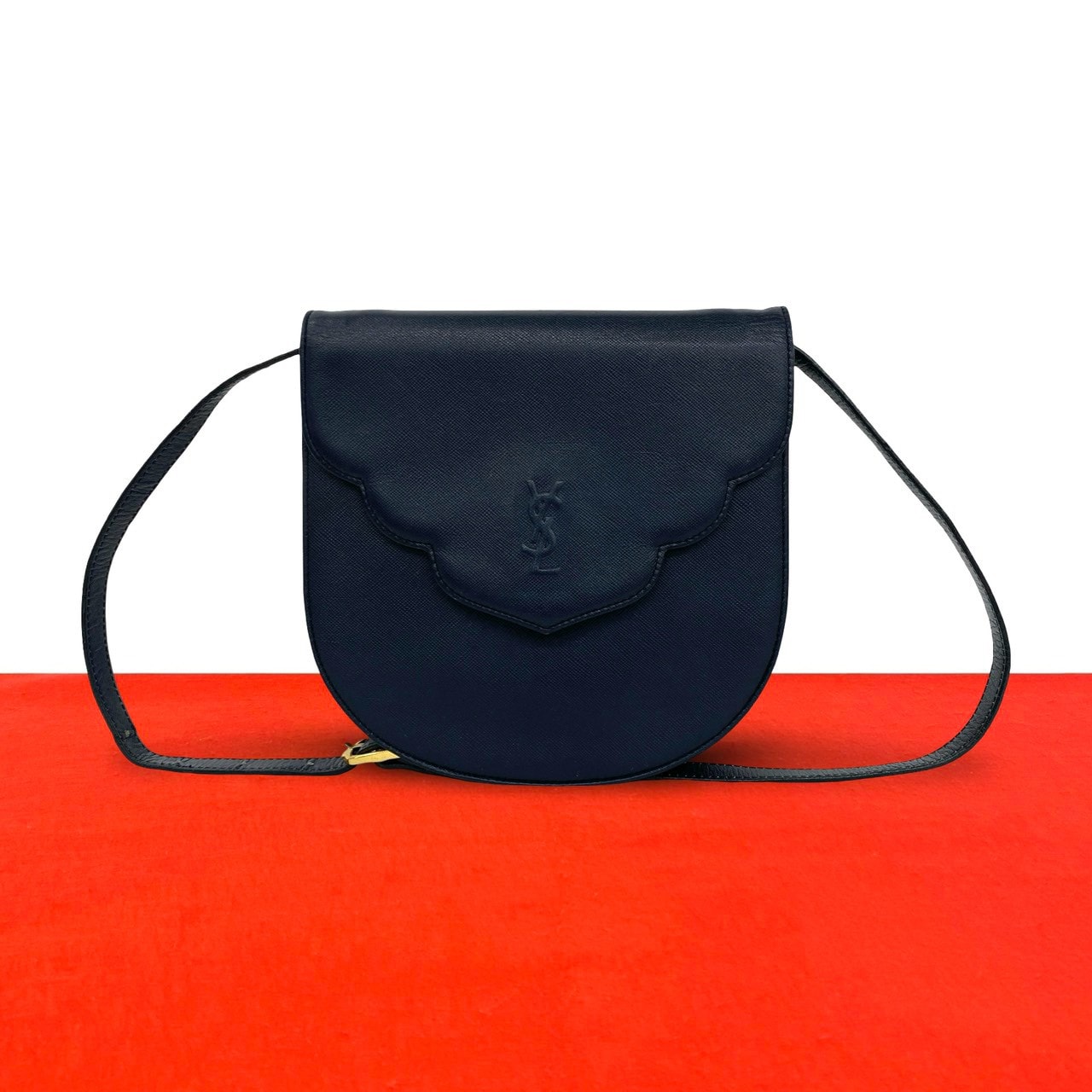 YVES SAINT LAURENT イヴ・サンローラン YSL ロゴ レザー ショルダーバッグ ネイビー
 612-7