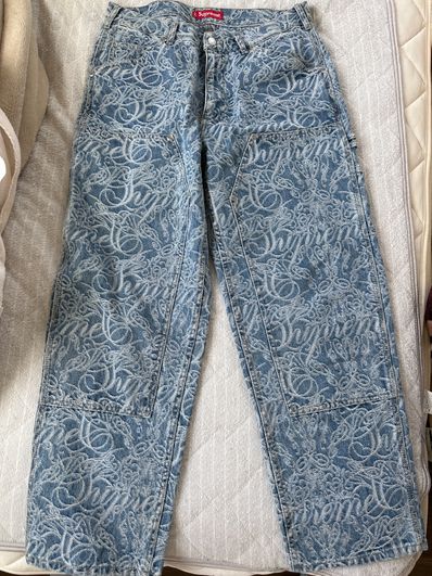 Supreme Script Jacquard Double Knee Denim Painter Pant "Washed Blue"