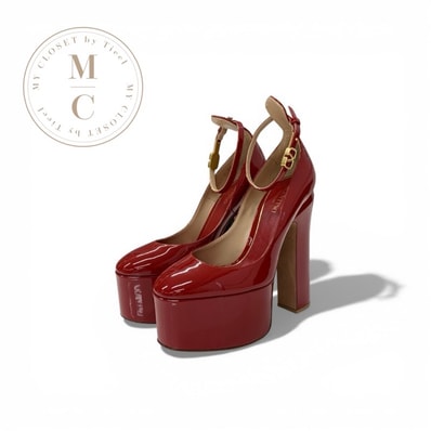 ヴァレンティノ VALENTINO タンゴ 155 パンプス 靴 シューズ パテント レッド ゴールド Vロゴ アンクルストラップ プラットフォーム