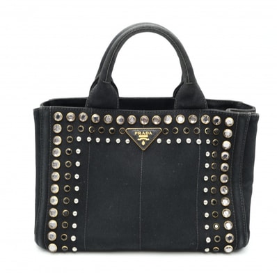 PRADA(プラダ)カナパトートバッグ ハンドバッグ ビジュー スタッズ キャンバス ブラック ゴールド金具 B2439O レディース【中古】