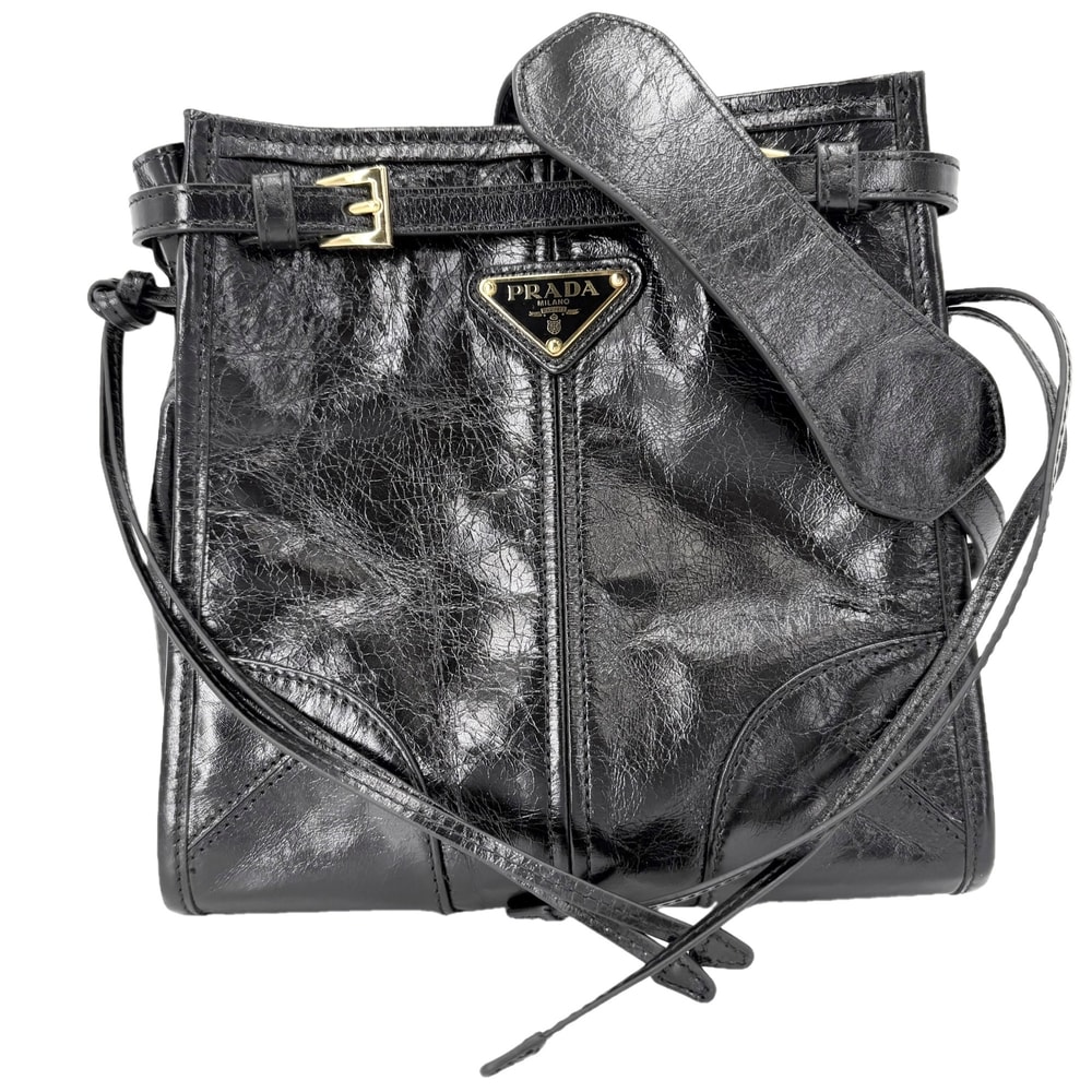 PRADA プラダ ショルダーバッグ ボニー 肩掛け 斜め掛け トライアングルロゴ ポシェット 1BH229 レザー    ブラック 黒 ゴールド金具 レディース 美品【中古品】