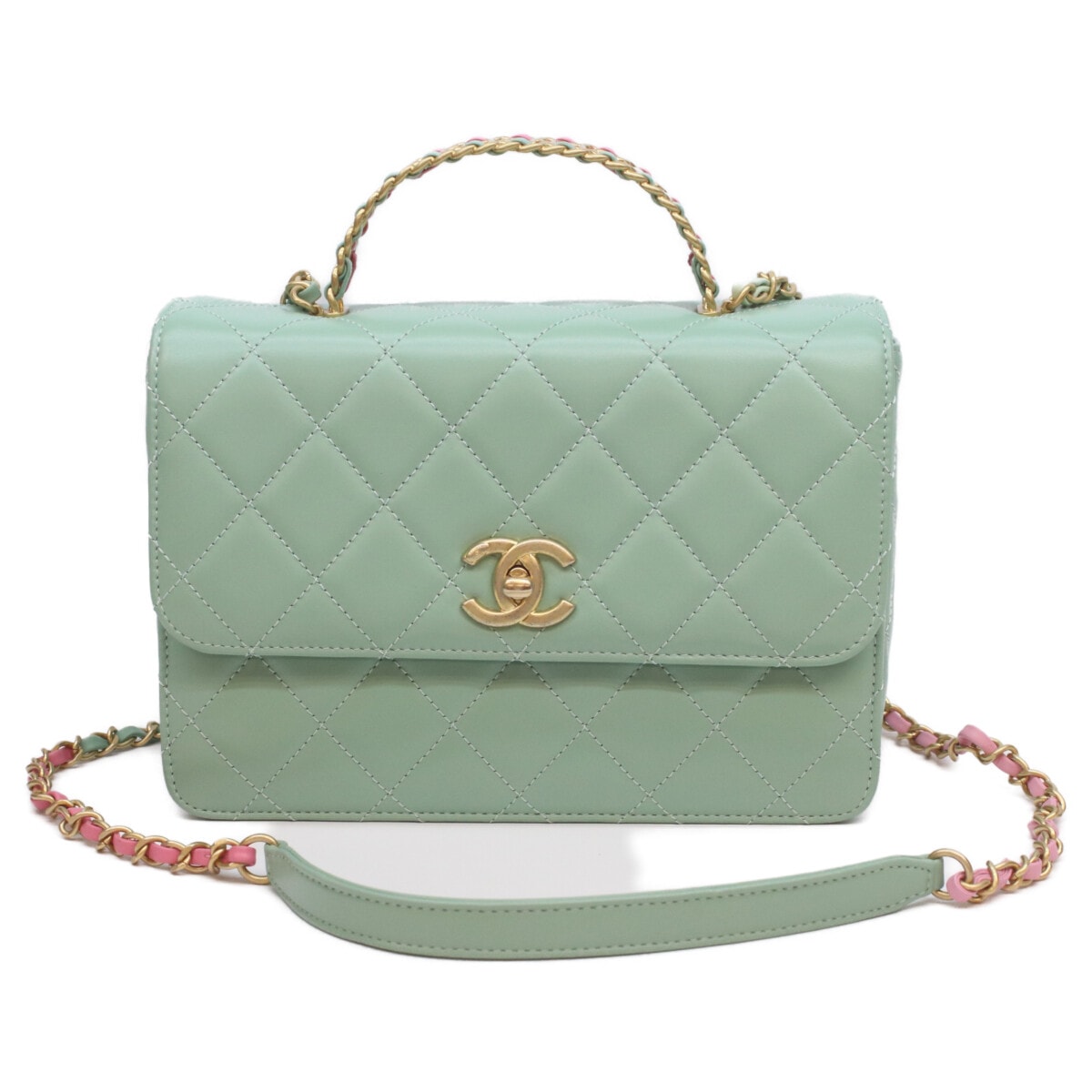 シャネル AS3886 ライトグリーン ピンク チェーンハンドル マトラッセ 2WAYフラップバッグ