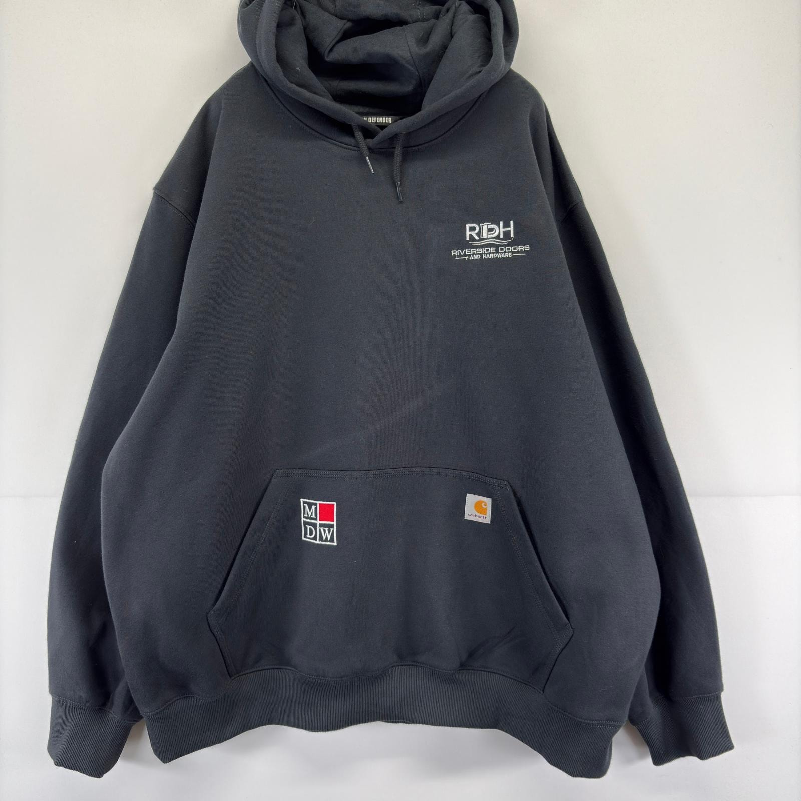 古着 デッドストック カーハート Carhartt パーカー ワンポイント ロゴ 企業 レインディフェンダー 大きいサイズ スウェット 2XL  ブラック メンズ
