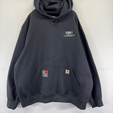 古着 デッドストック カーハート Carhartt パーカー ワンポイント ロゴ 企業 レインディフェンダー 大きいサイズ スウェット 2XL ブラック メンズ