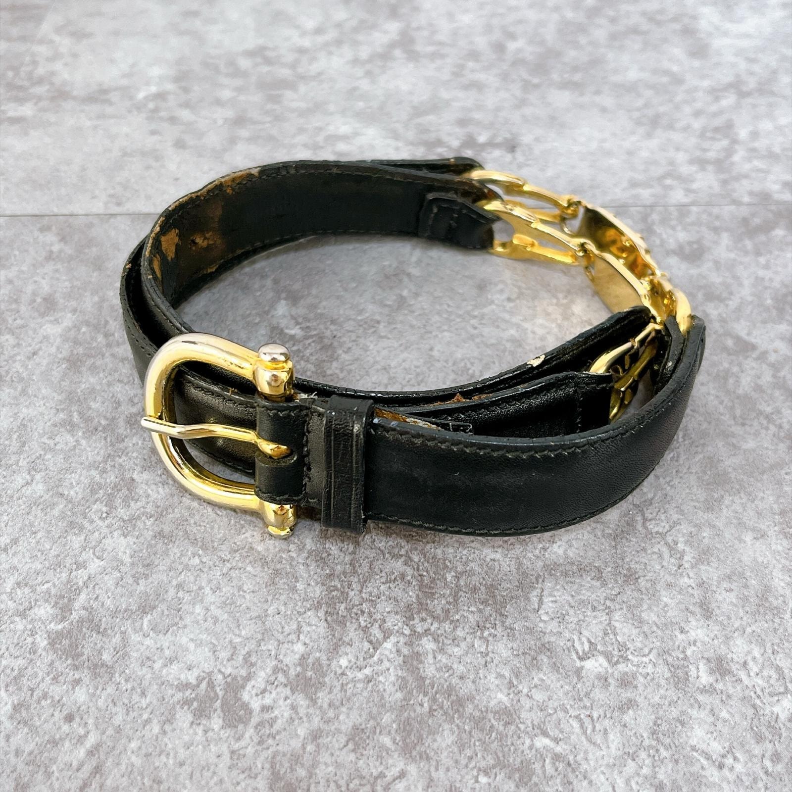 【CELINE】セリーヌ 馬車金具 チェーン ベルト レザー オーバル バックル ダブルリング 細幅 ヴィンテージ ブラック ゴールド レディース