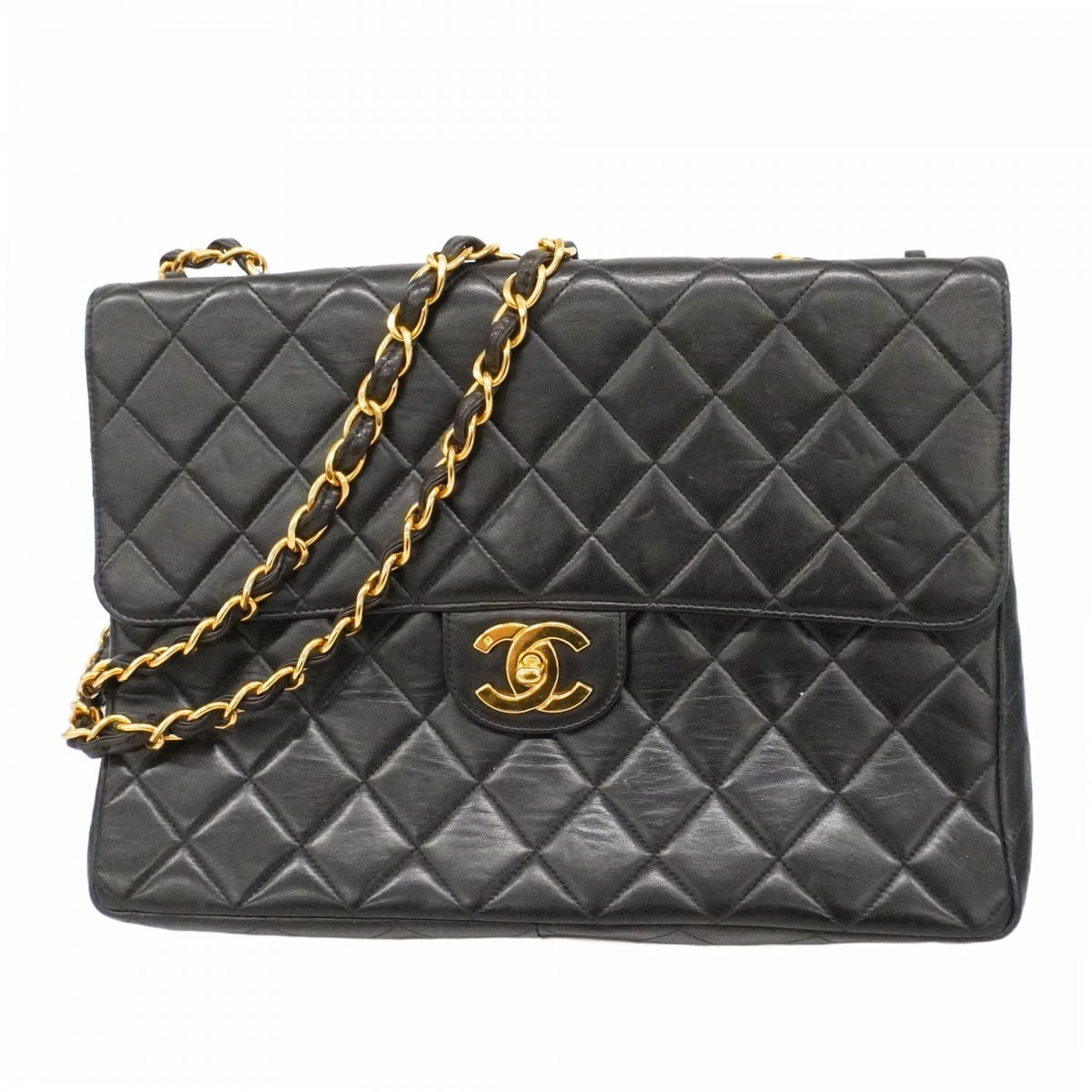 ★最終価格★SALE【6cb2447】シャネル ショルダーバッグ デカマトラッセ Wチェーン ラムスキン ブラック ゴールド金具【中古】レディース