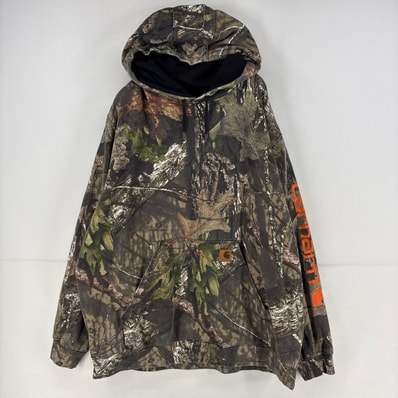 古着 カーハート Carhartt パーカー リアルツリー カモフラ スウェット 大きいサイズ 袖ロゴ プルオーバー 2XL ブラウン系 メンズ