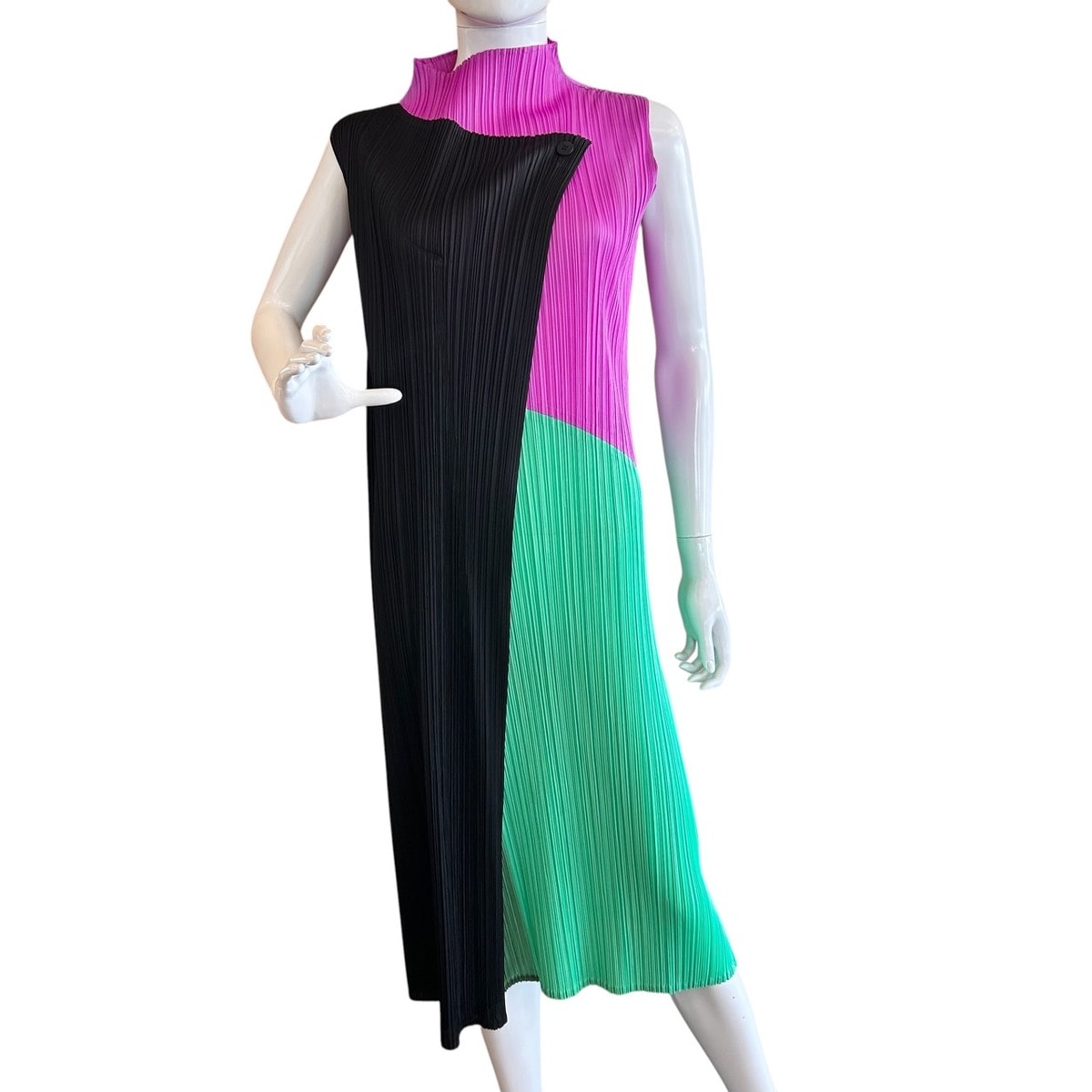 ISSEY MIYAKE イッセイミヤケ PLEATS PLEASE プリーツプリーズ ノースリーブ ボトルネック ブロック ワンピース 2サイズ 21SS PP11-JH153 ポリエステル パープル ブラック グリーン  レディース【中古】