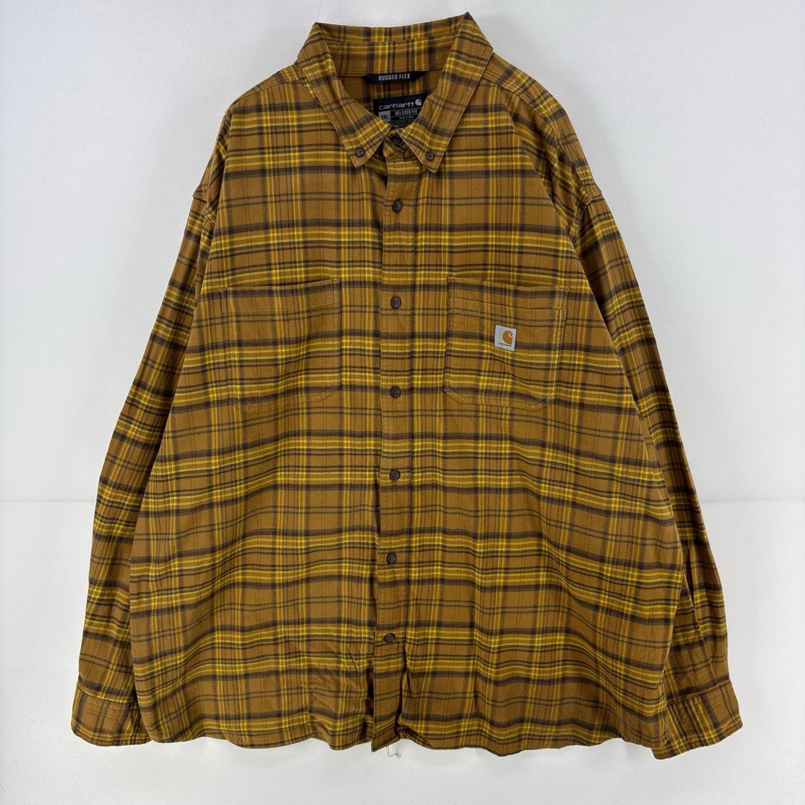 古着 カーハート Carhartt 長袖シャツ ネルシャツ ワンポイント ロゴ 大きいサイズ 2XL  イエロー系 チェック メンズ