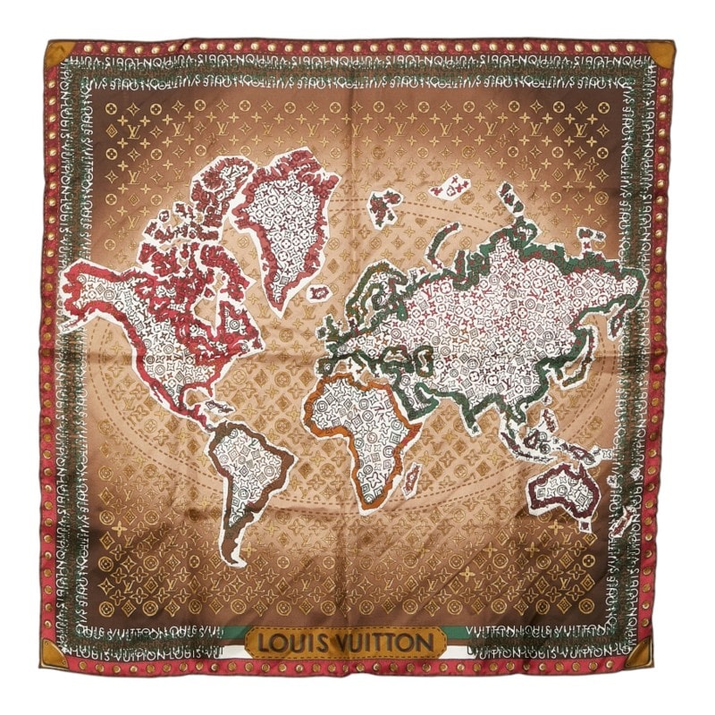 ルイ ヴィトン カレ モノグラム マップ スカーフ 402470 ブラウン系 マルチカラー シルク レディース LOUIS VUITTON 中古
