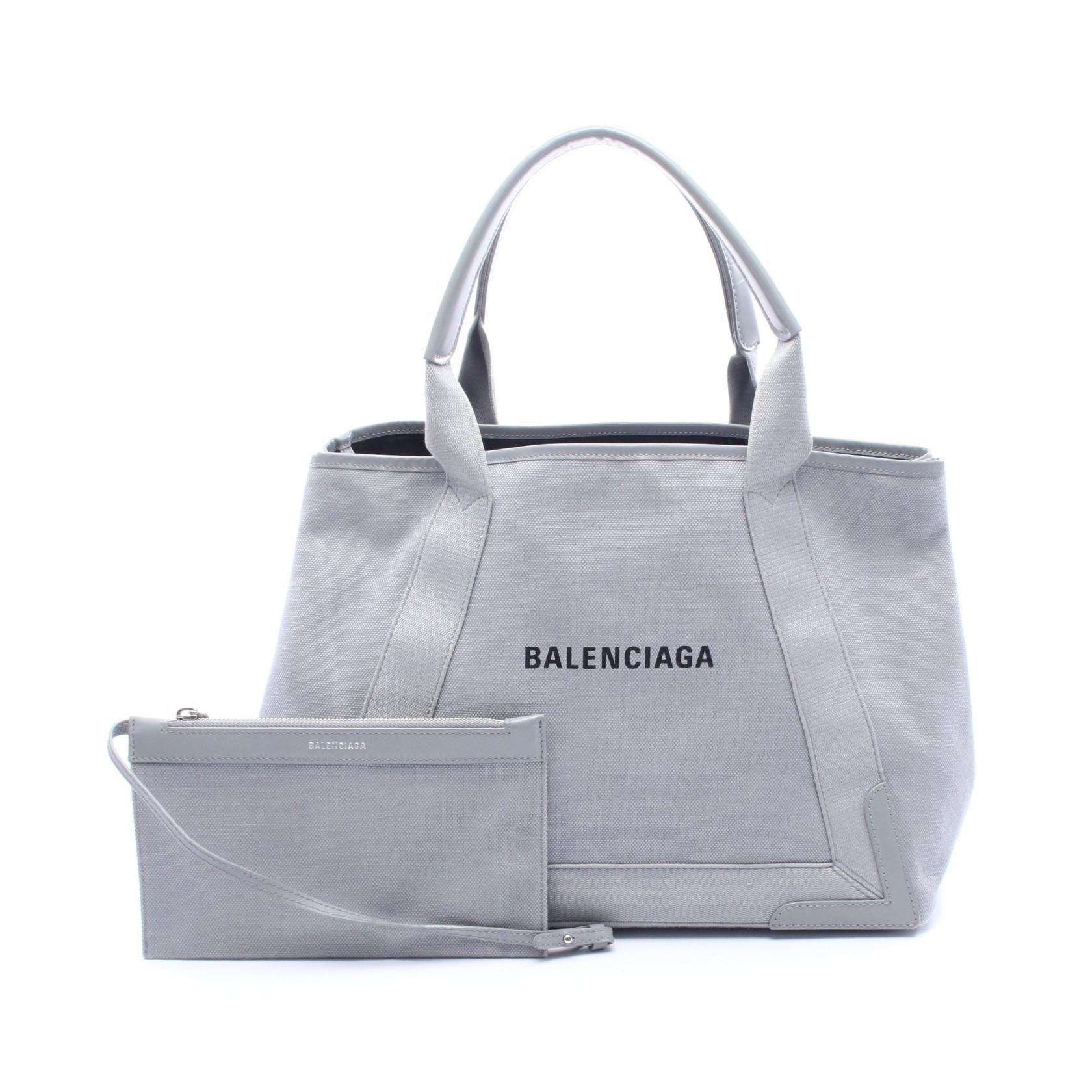 バレンシアガ BALENCIAGA NAVY CABAS NEW M ネイビーカバ トートバッグ バッグ キャンバス レザー レディース グレー系 【中古】