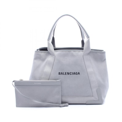 バレンシアガ BALENCIAGA NAVY CABAS NEW M ネイビーカバ トートバッグ バッグ キャンバス レザー レディース グレー系 【中古】