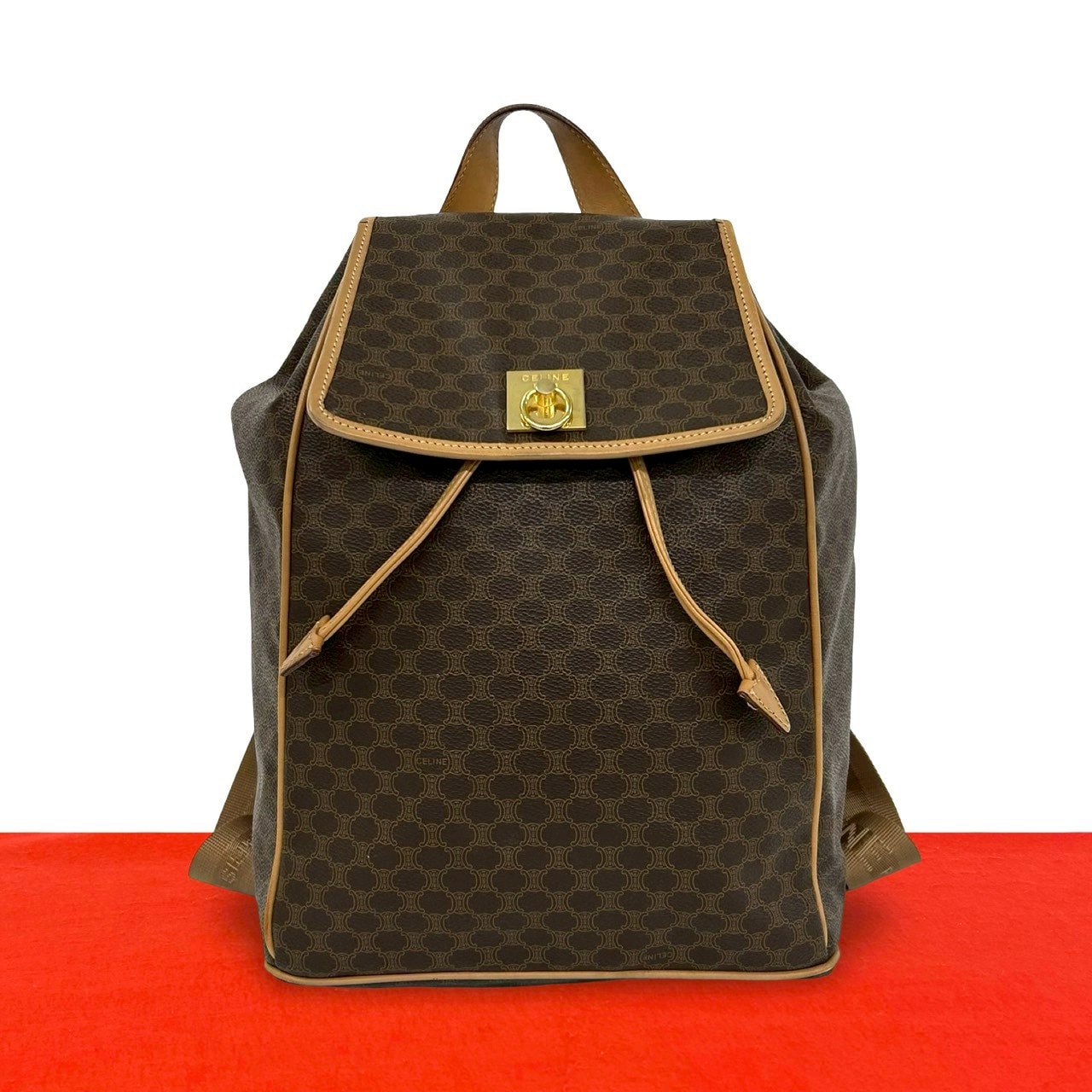 CELINE セリーヌ マカダム ブラゾン トリオンフ 柄 ロゴ リング金具 レザー PVC リュックサック ブラウン
 403-4