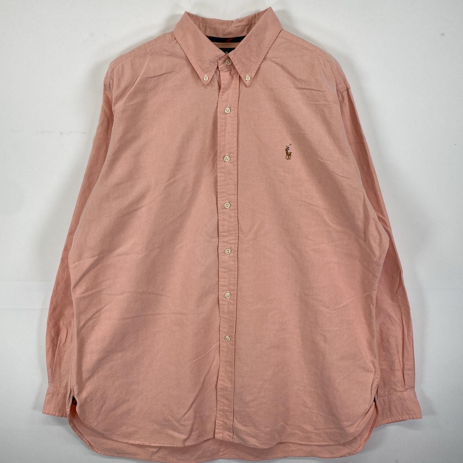 古着 ラルフローレン RALPH LAUREN 長袖シャツ ボタンダウン ワンポイントロゴ ロゴ刺繍 XL  オレンジ系 無地 メンズ
