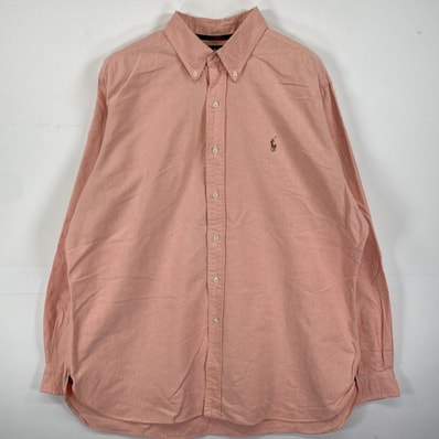 古着 ラルフローレン RALPH LAUREN 長袖シャツ ボタンダウン ワンポイントロゴ ロゴ刺繍 XL オレンジ系 無地 メンズ