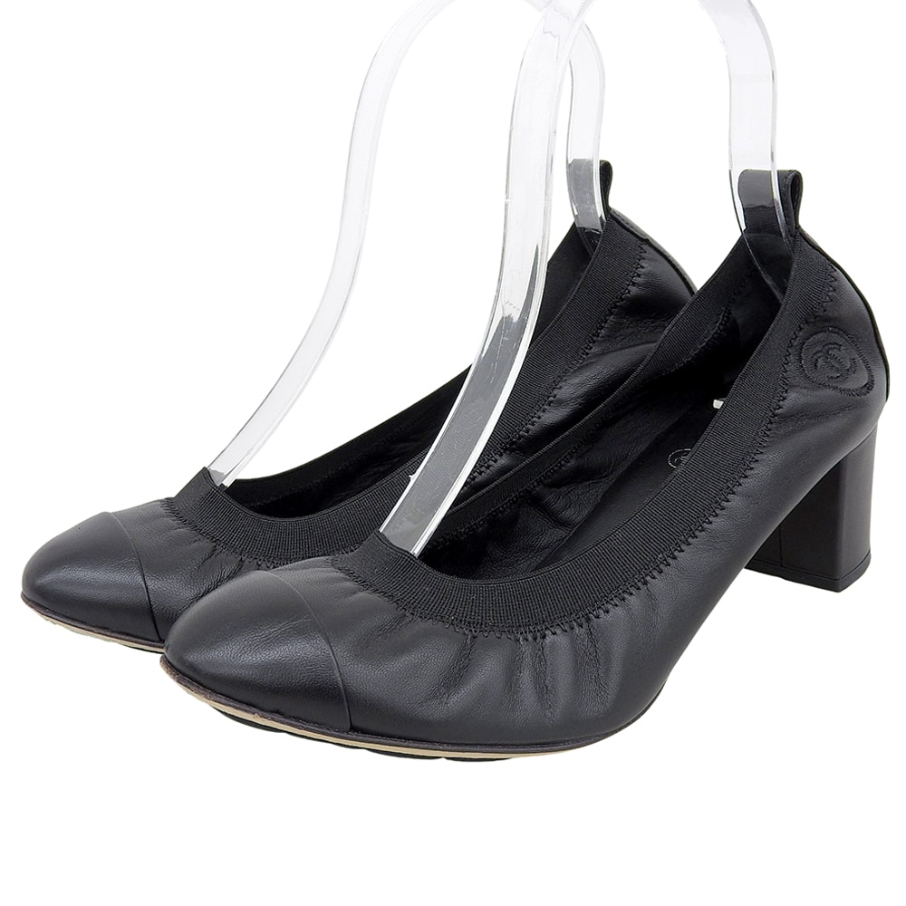 シャネル 美品 ココマーク刺繍 ラウンドトゥ チャンキーヒールパンプス レディース ブラック 36 1/2C G26643 36 1/2C