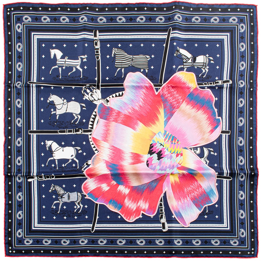 HERMES エルメス カレ55 Bandana Fleuris Upcycle Couvertures et Tenues de Jour Bandana 馬着 バンダナ 京都マーブル 043710SU 02 スカーフ ネイビー マルチカラー【中古】