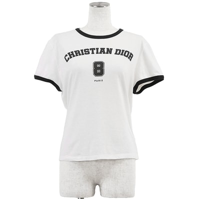 【美品】Christian Dior クリスチャンディオール リンガーTシャツ サイズ L レディース コットン × リネン ロゴ 8 フットボール Bee 蜂 プリント 半袖 トップス ホワイト ブラック 黒 白 イタリア製 513T07A4222