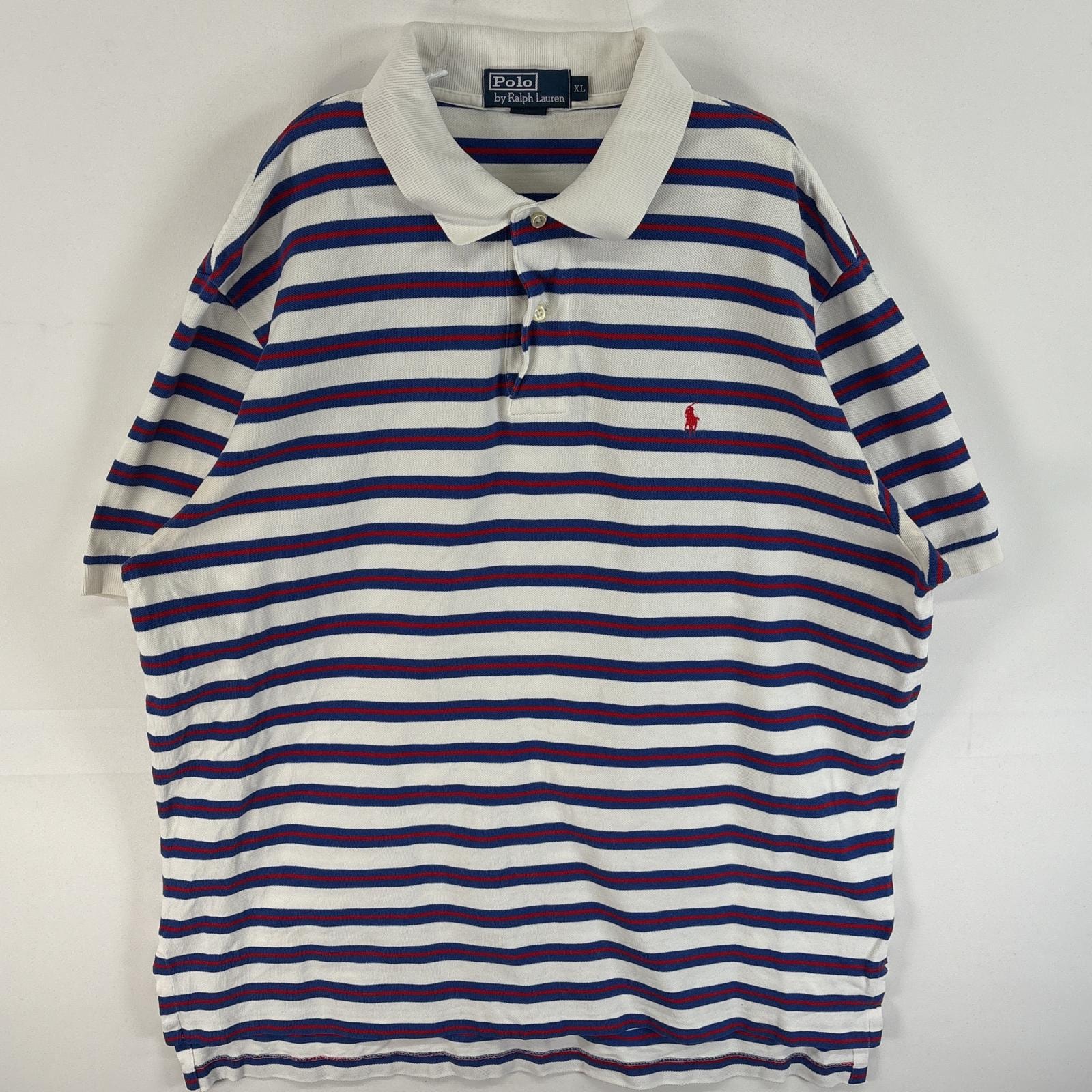 古着 90's/90年代 ポロバイラルフローレン Polo by Ralph Lauren 鹿の子 半袖 ポロシャツ ワンポイント ロゴ 刺繍 大きいサイズ 2ボタン XL  ホワイト系 マルチカラー メンズ