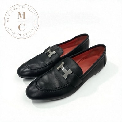 エルメス HERMES パリ ローファー 革靴 靴 シューズ レザー ブラック 黒 シルバー H金具 モカシン