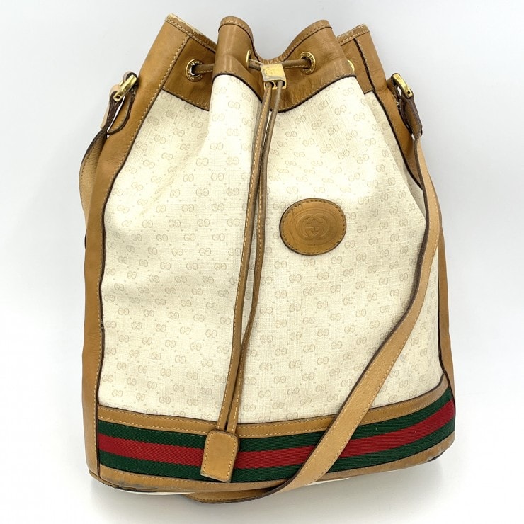 GUCCI(グッチ)ヴィンテージ マイクロGG 巾着ショルダーバッグ シェリーライン PVC レザー アイボリー ブラウン 001.46.0933【中古】
