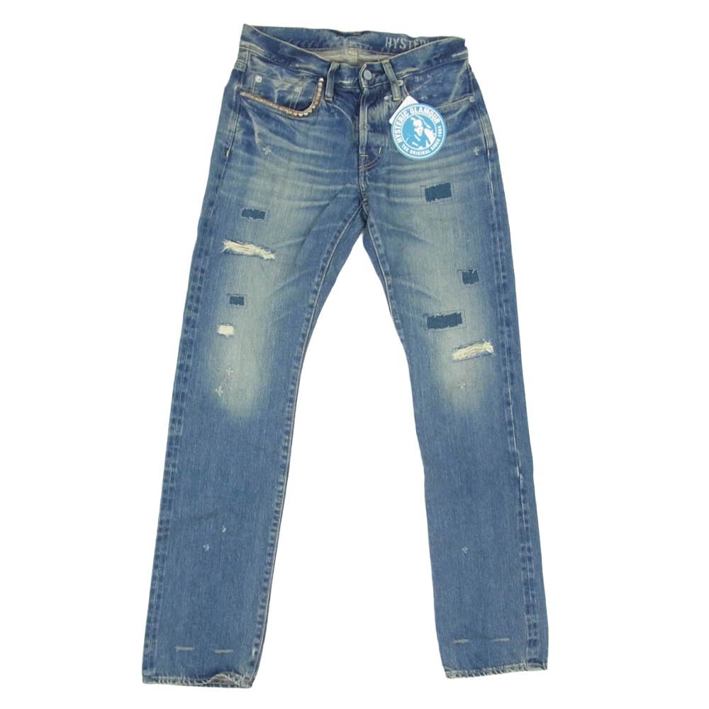 HYSTERIC GLAMOUR ヒステリックグラマー 26AW 0263AP23 スタッズ ダメージ SP加工 セルビッチ 隠しリベット 革パッチ 小窓デニムパンツ インディゴブルー系 30【新古品】【未使用】【中古】