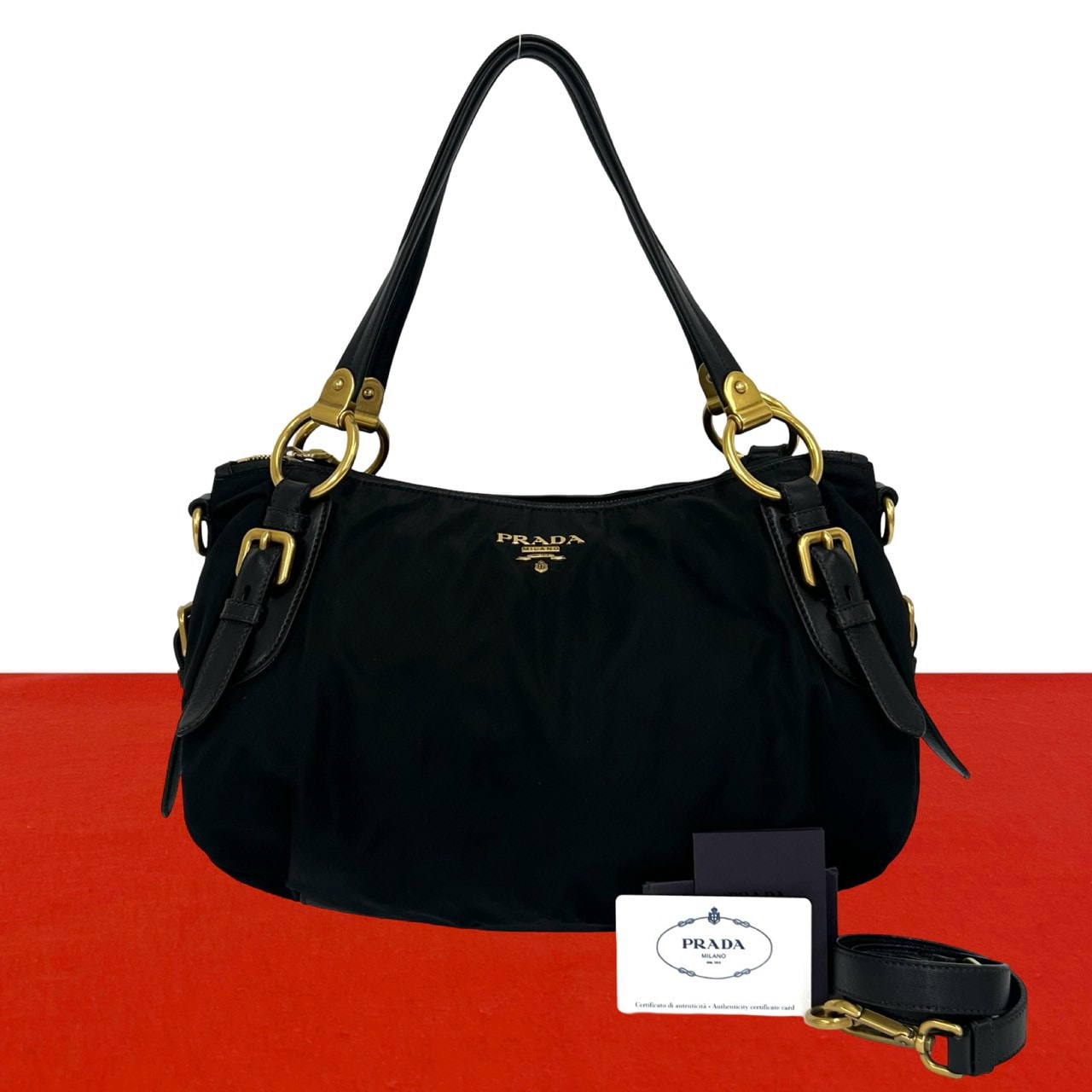 PRADA プラダ ロゴ 金具 ナイロン レザー ショルダーバッグ ブラック
67138