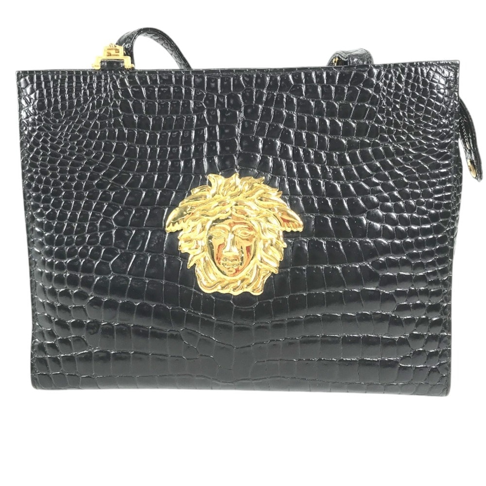 ヴェルサーチ VERSACE ビッグ メデューサ ロゴ グレカ カバン トートバッグ 肩掛け チェーン ショルダーバッグ 型押しレザー ブラック