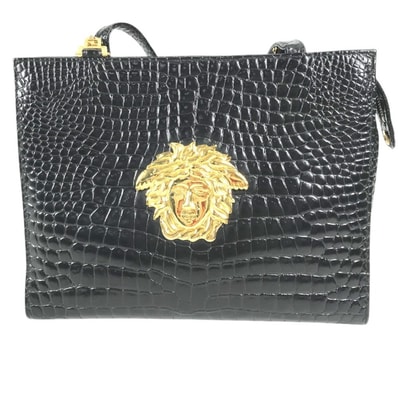 ヴェルサーチ VERSACE ビッグ メデューサ ロゴ グレカ カバン トートバッグ 肩掛け チェーン ショルダーバッグ 型押しレザー ブラック