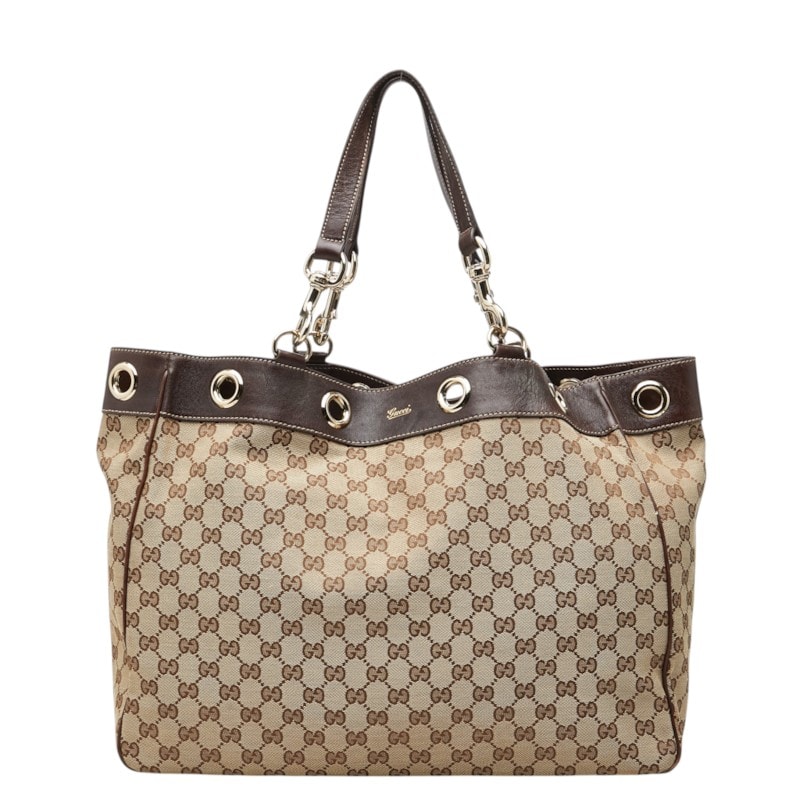 グッチ GGキャンバス トートバッグ ハンドバッグ 153033 ベージュ ブラウン キャンバス レザー レディース GUCCI 中古