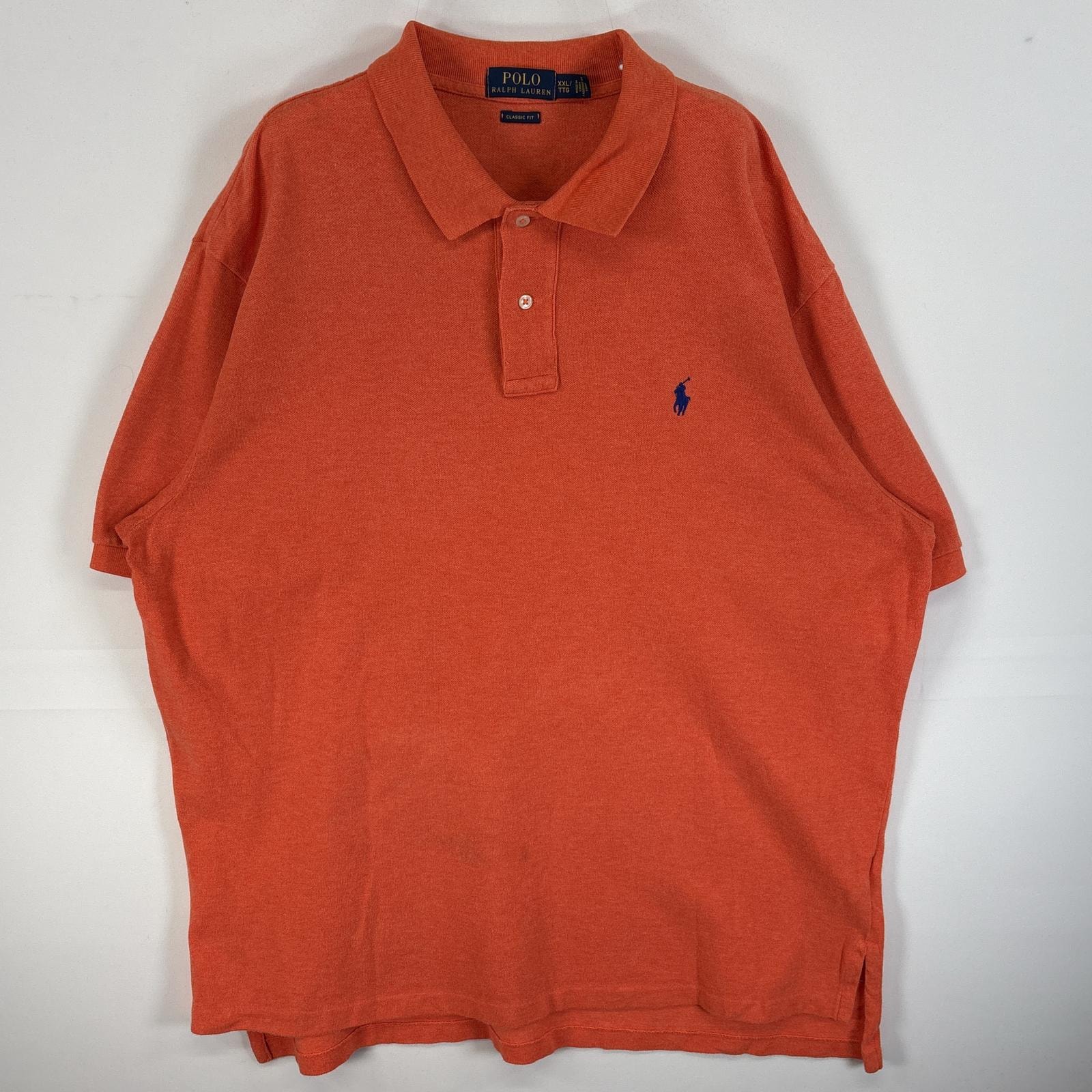 古着 ポロ・ラルフローレン POLO RALPH LAUREN 半袖 ポロシャツ ロゴ 刺繍 2ボタン 大きいサイズ 14041  オレンジ 無地 メンズ